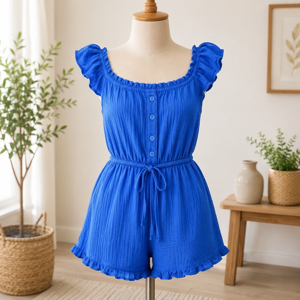 NWT BP Blue Racer Gauze Romper Womens XS Blue Off Shoulder‎ Ruffle BP489203MI